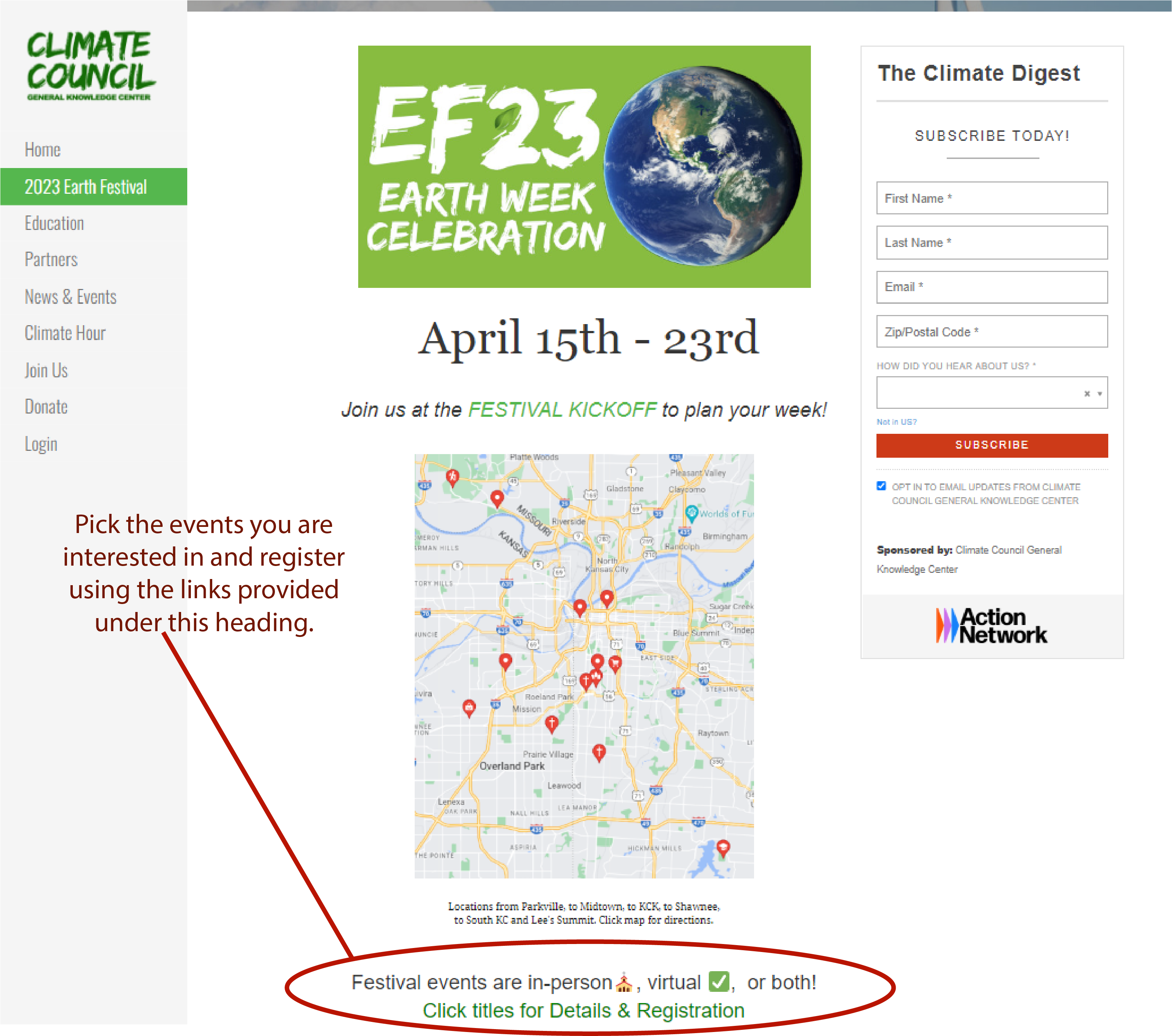 EF23 Events and Registration Page Screenshot with Info